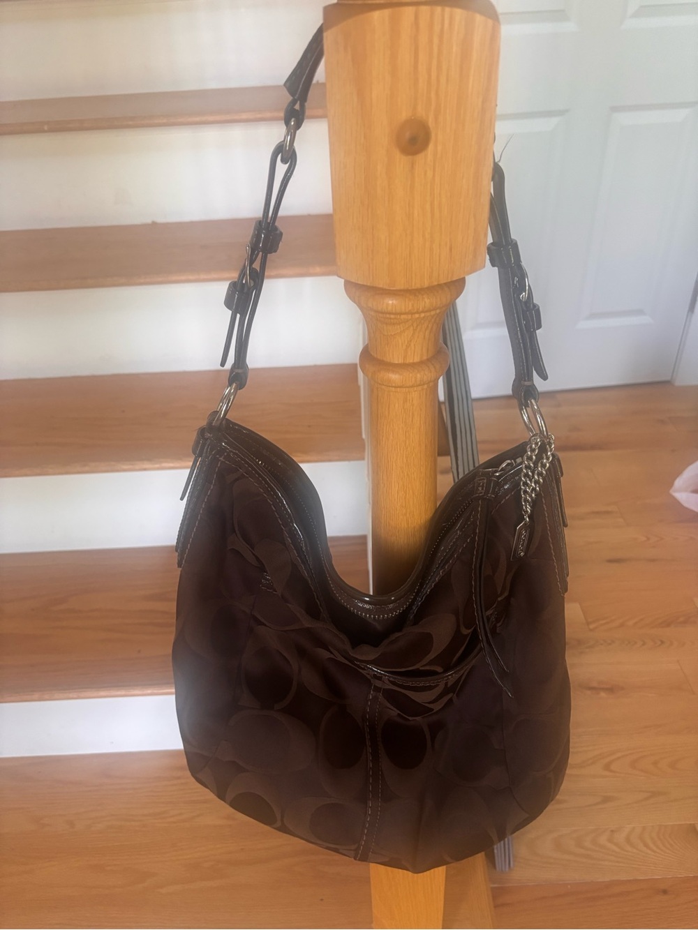 Coach Dark Brown Signature Shoulder Bag with Chain Accents